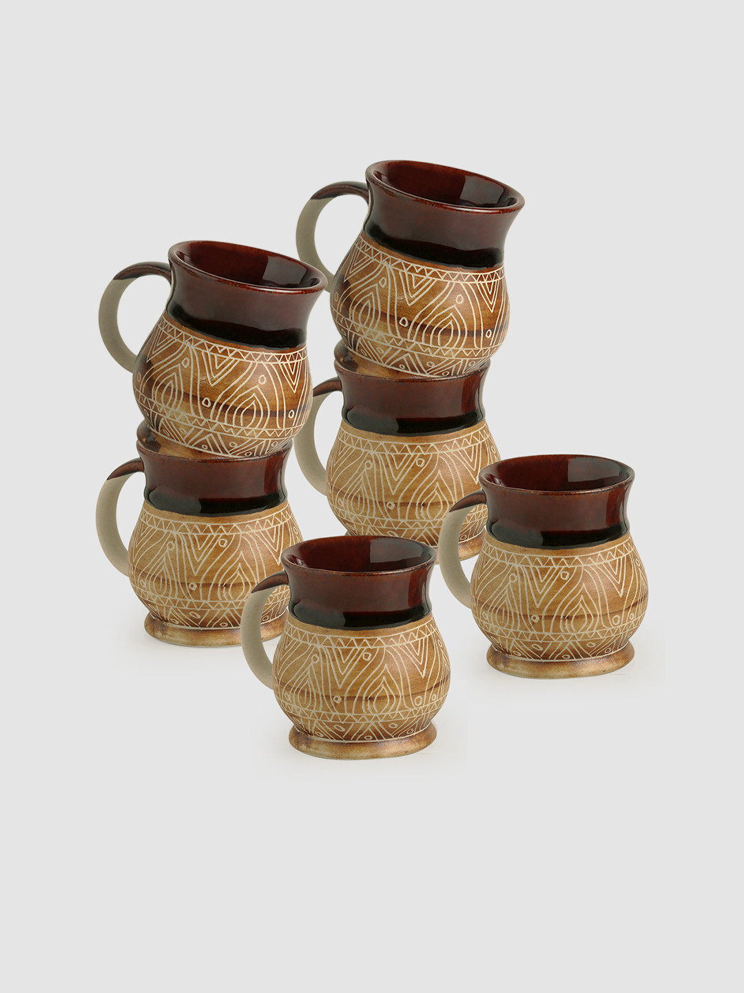 ExclusiveLane Set Of 6 Cocoa Fire Carvings Ceramic Studio Pottery Tea Coffee Mugs