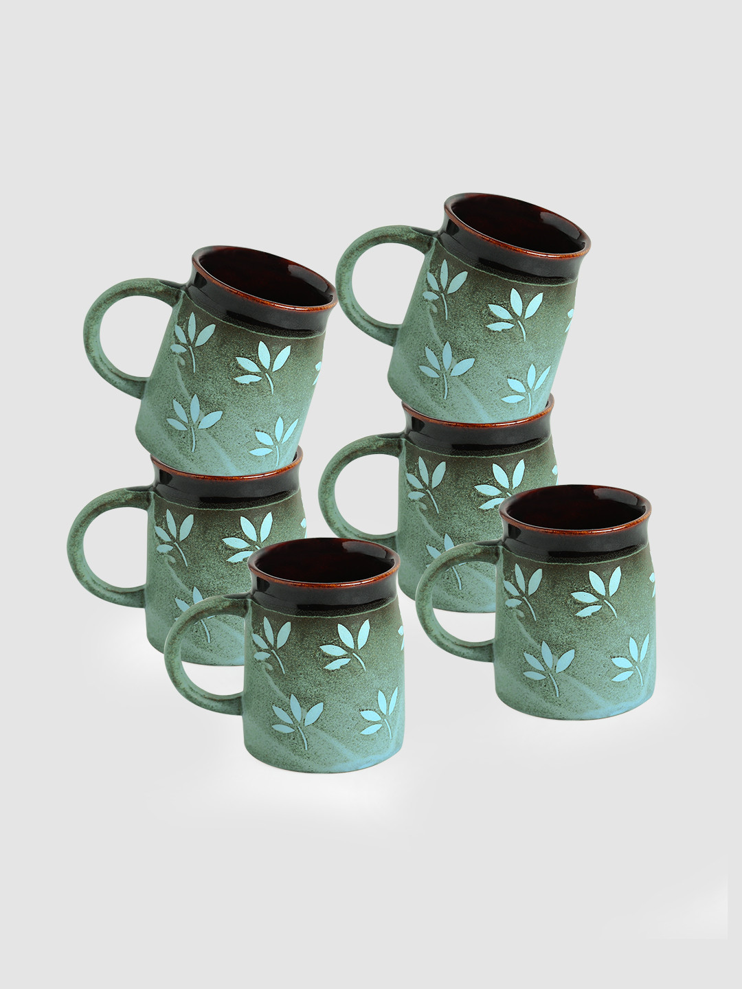 ExclusiveLane Mothers Day Gift Green Floral Ceramic Microwave Safe 6 Piece Mug-400ml