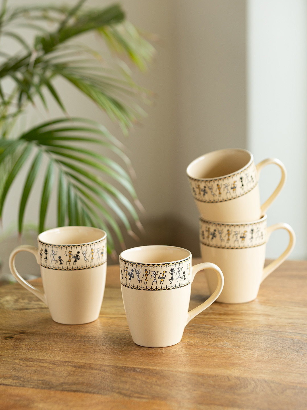 ExclusiveLane Thank White Ethnic Motifs Ceramic Handcrafted 4 Piece Mugs-300ml