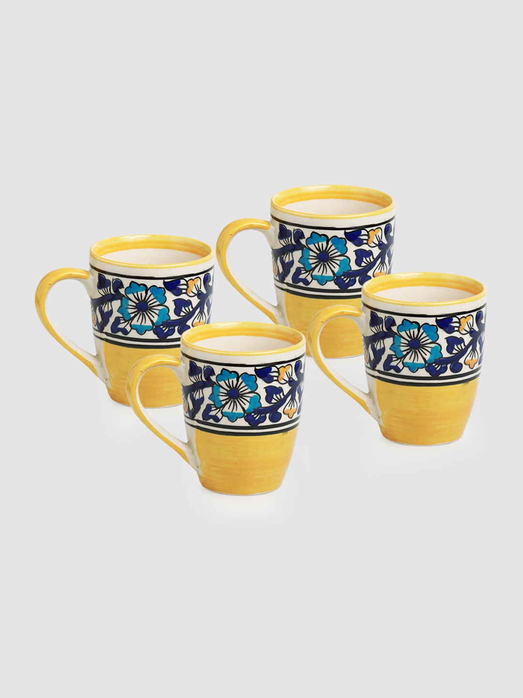 ExclusiveLane Rakshabandhan Gift Yellow Floral Ceramic Microwave Safe 4 Piece Mugs-240ml