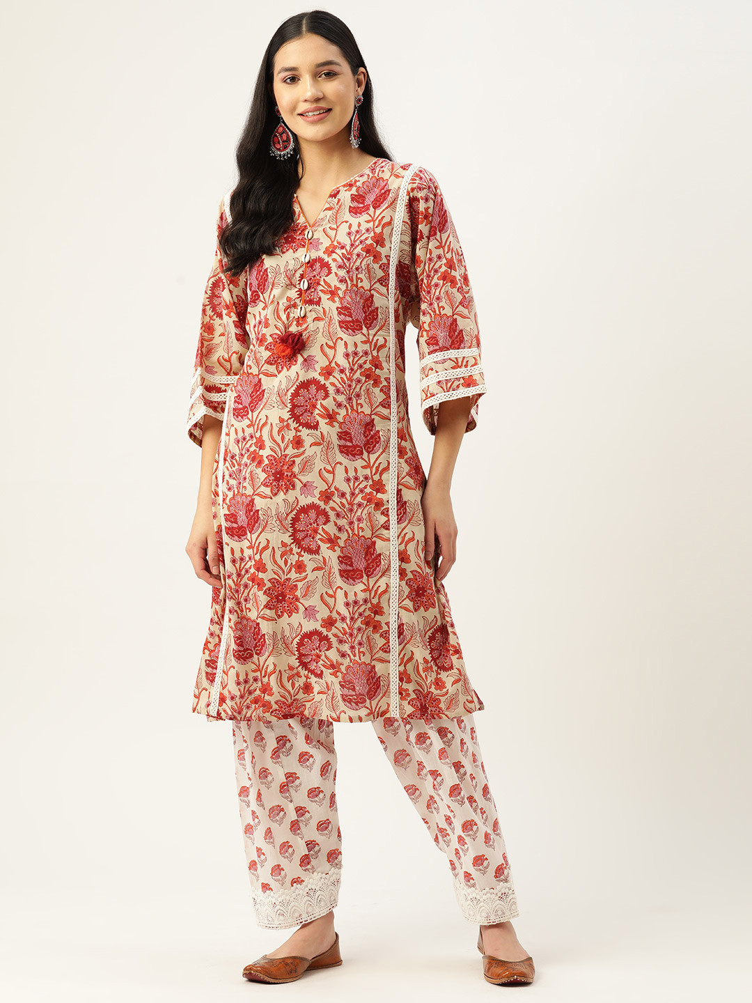 Jaipur Morni Women Beige Floral Printed Pure Cotton Kurta with Salwar