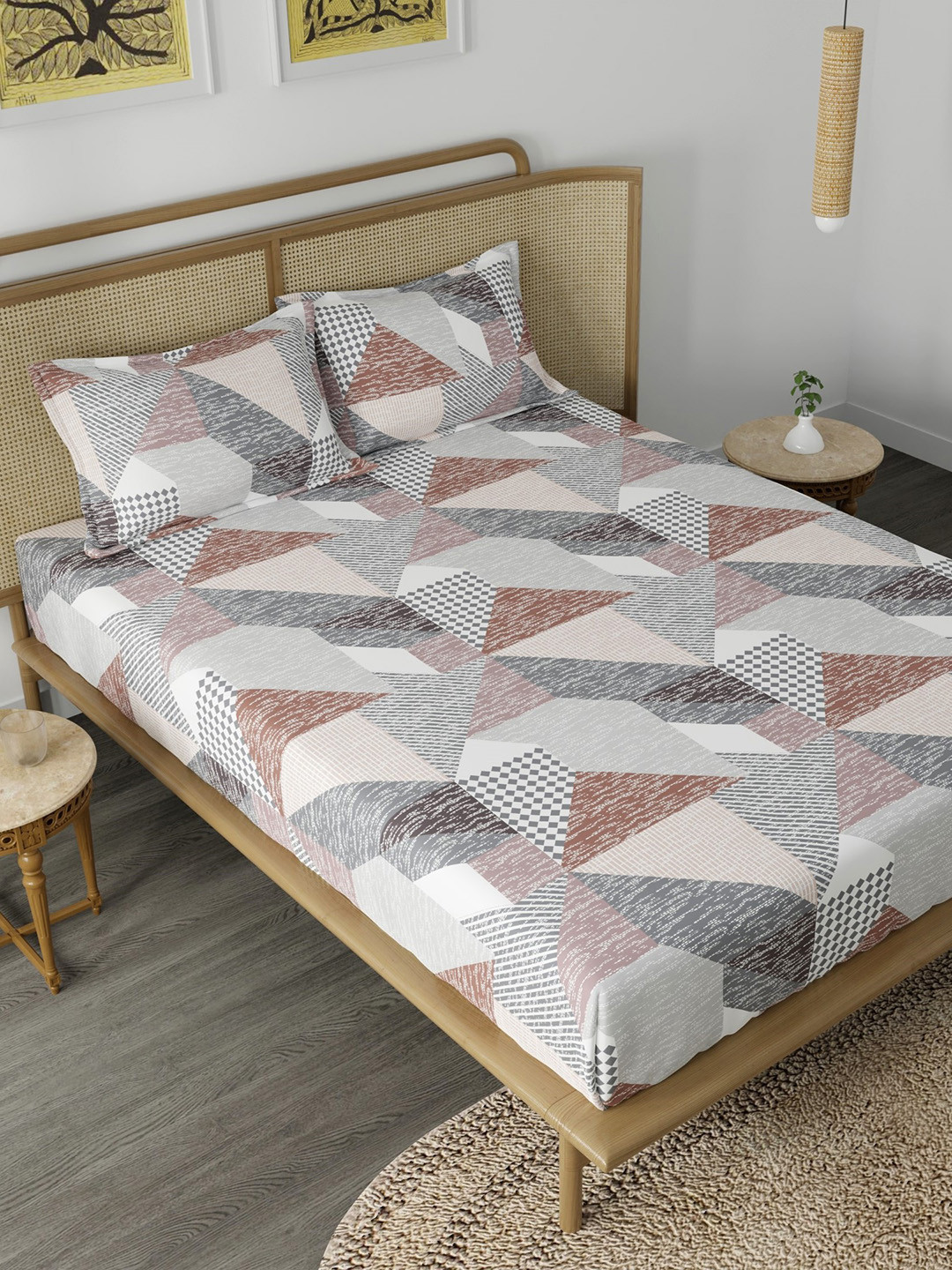 CHHAVI INDIA Ultra Soft Grey Geometric Polycotton 210 TC Fitted Queen Fine Bedsheet with 2 Pillow Covers-89 x 98 inches
