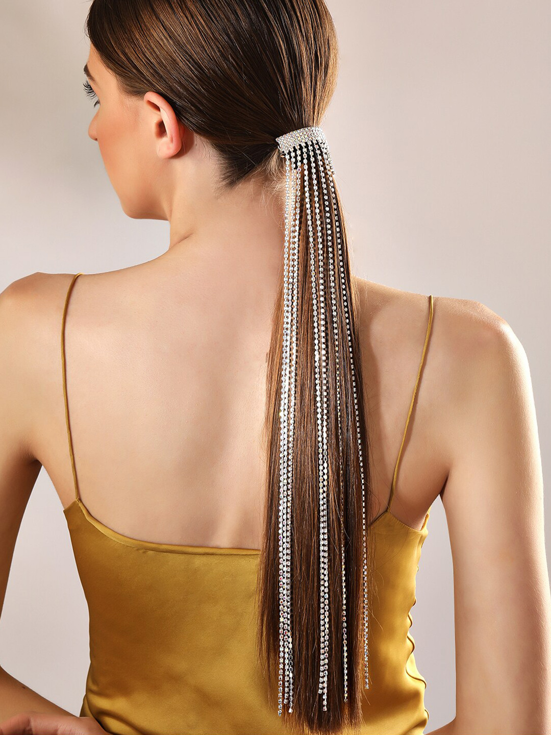 Rubans Silver-Toned Cubic Zirconia Studded Multi-Layered Fringe Hair Accessory