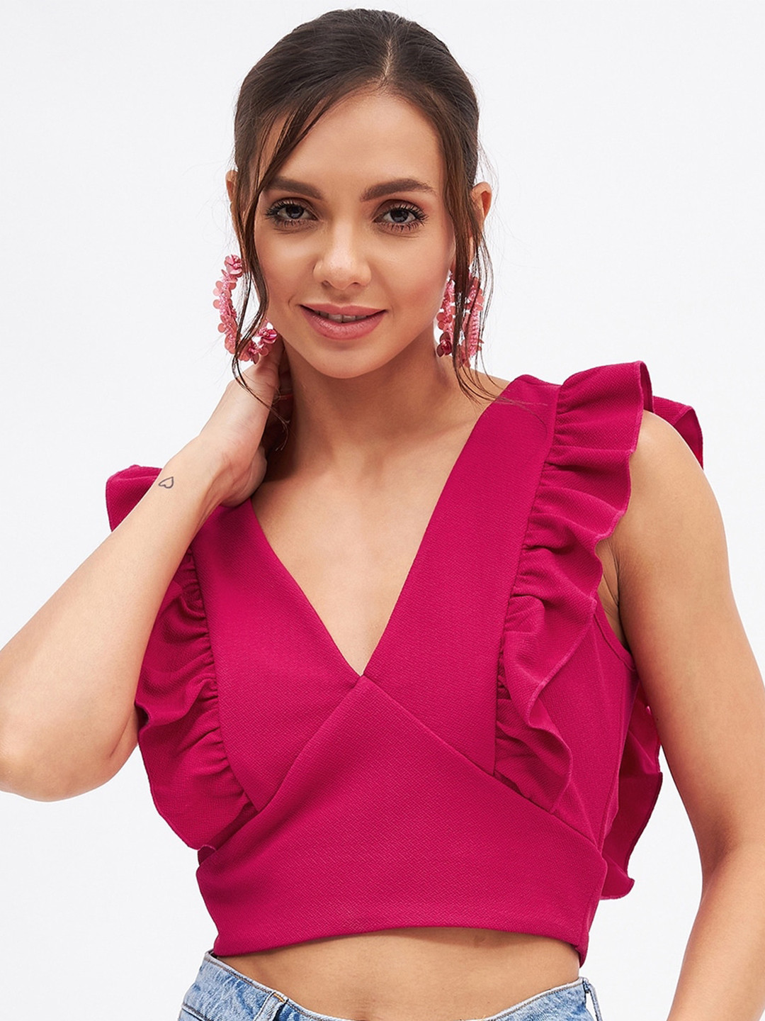 Kibo Fuchsia Ruffles Wrap Crop Top
