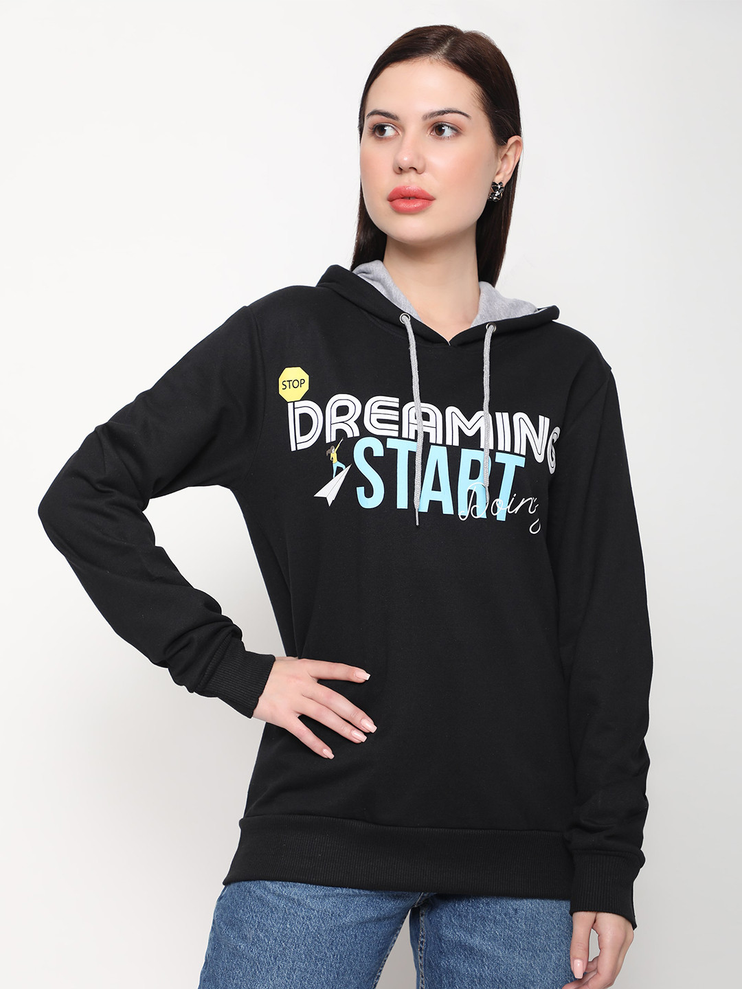 Outflits Women Typography Printed Hooded Cotton Pullover Sweatshirt