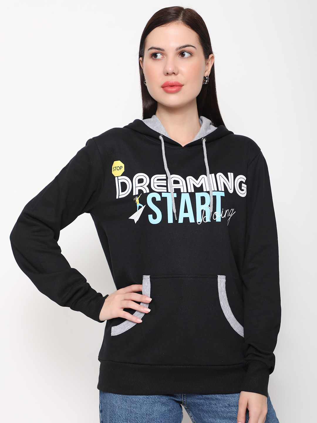 Outflits Women Typography Printed Hooded Cotton Pullover Sweatshirt