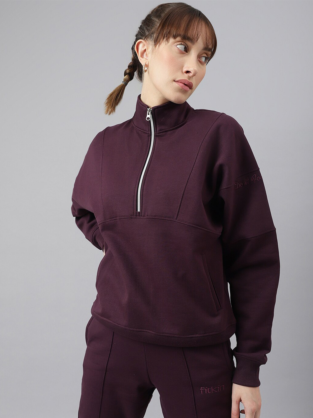 Fitkin Women Mock Collar Regular Fit Sweatshirt