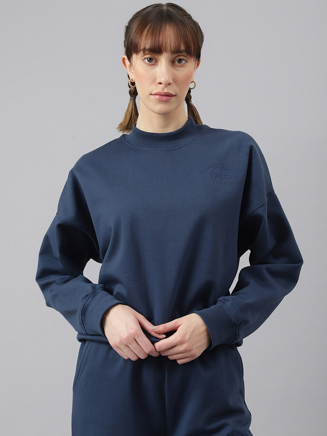 Fitkin Women Blue Crew Neck Regular Fit Sweatshirt