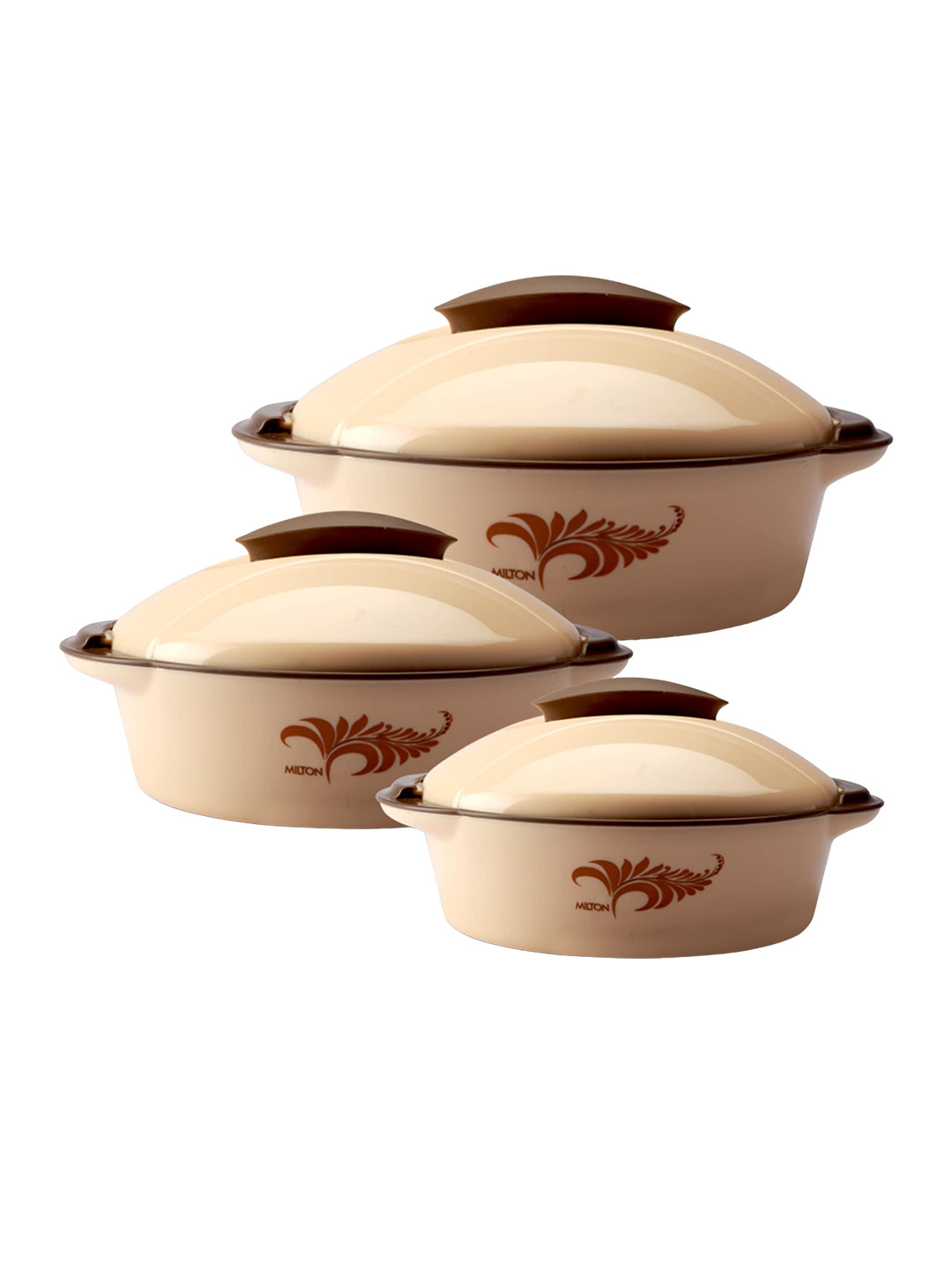 Milton Crisp DLX Jr. 3 Pc Double Walled Inner Steel Casseroles 430ml 1050ml & 1700ml Brown