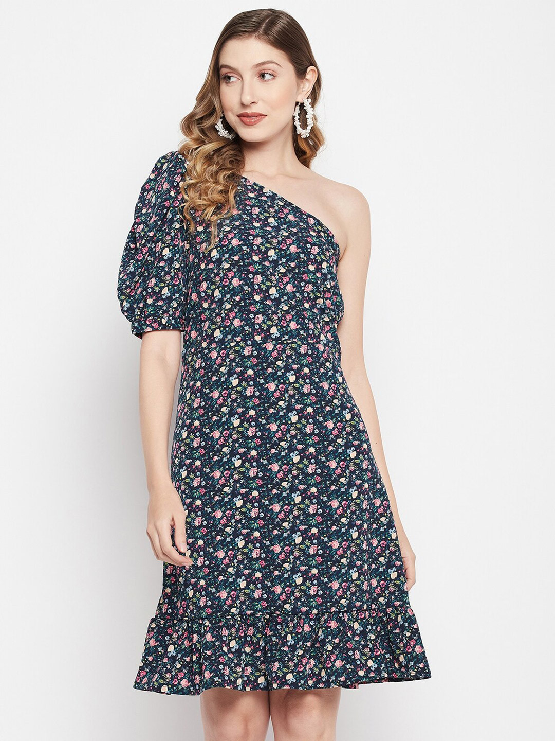 Color Cocktail Floral One Shoulder Crepe Drop-Waist Dress