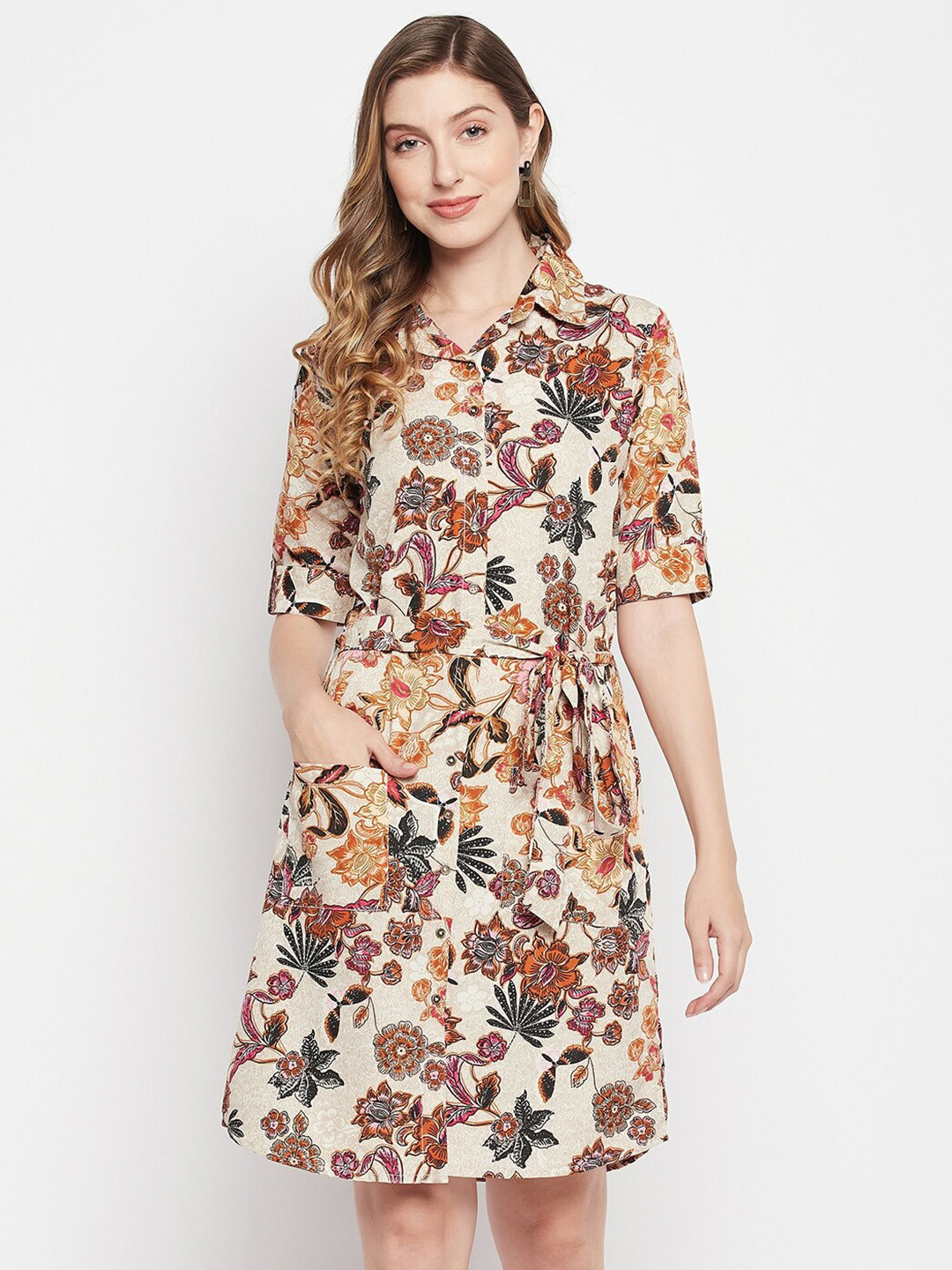 Color Cocktail White Floral Crepe A-Line Dress