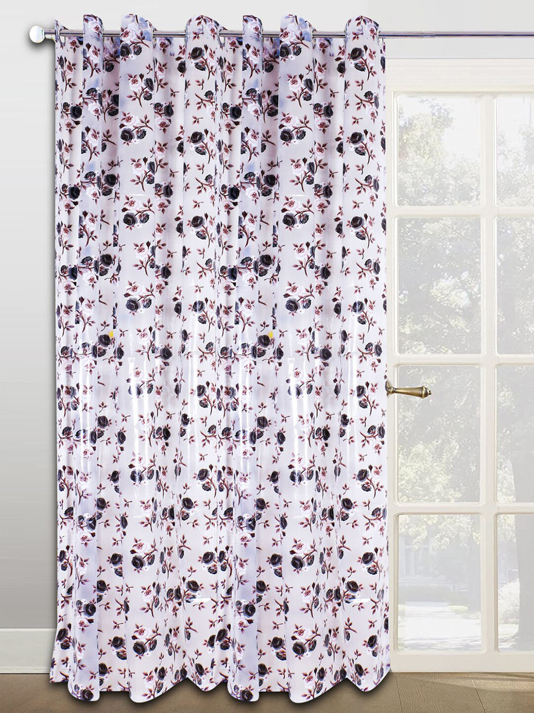 Kuber Industries Brown & White PVC Floral Printed Shower Curtain With 8 Hooks