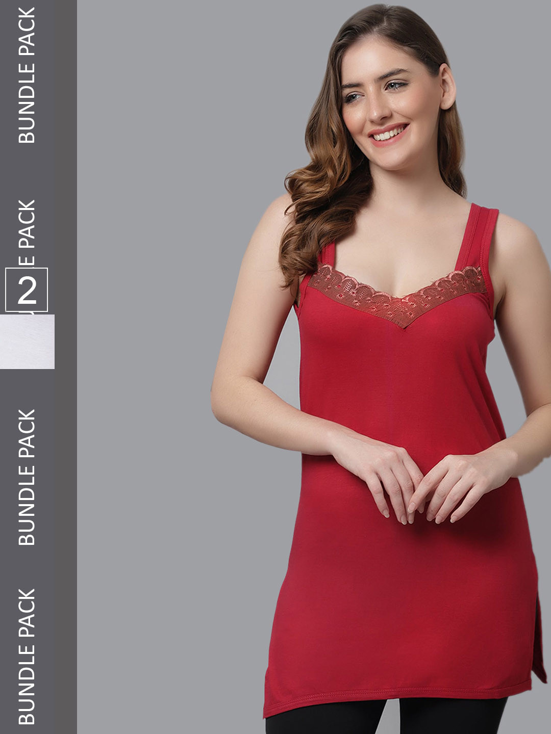 KEX Pack Of 2 Long Cotton Camisoles CUT-CAMI-WHITEMAROON-565-M