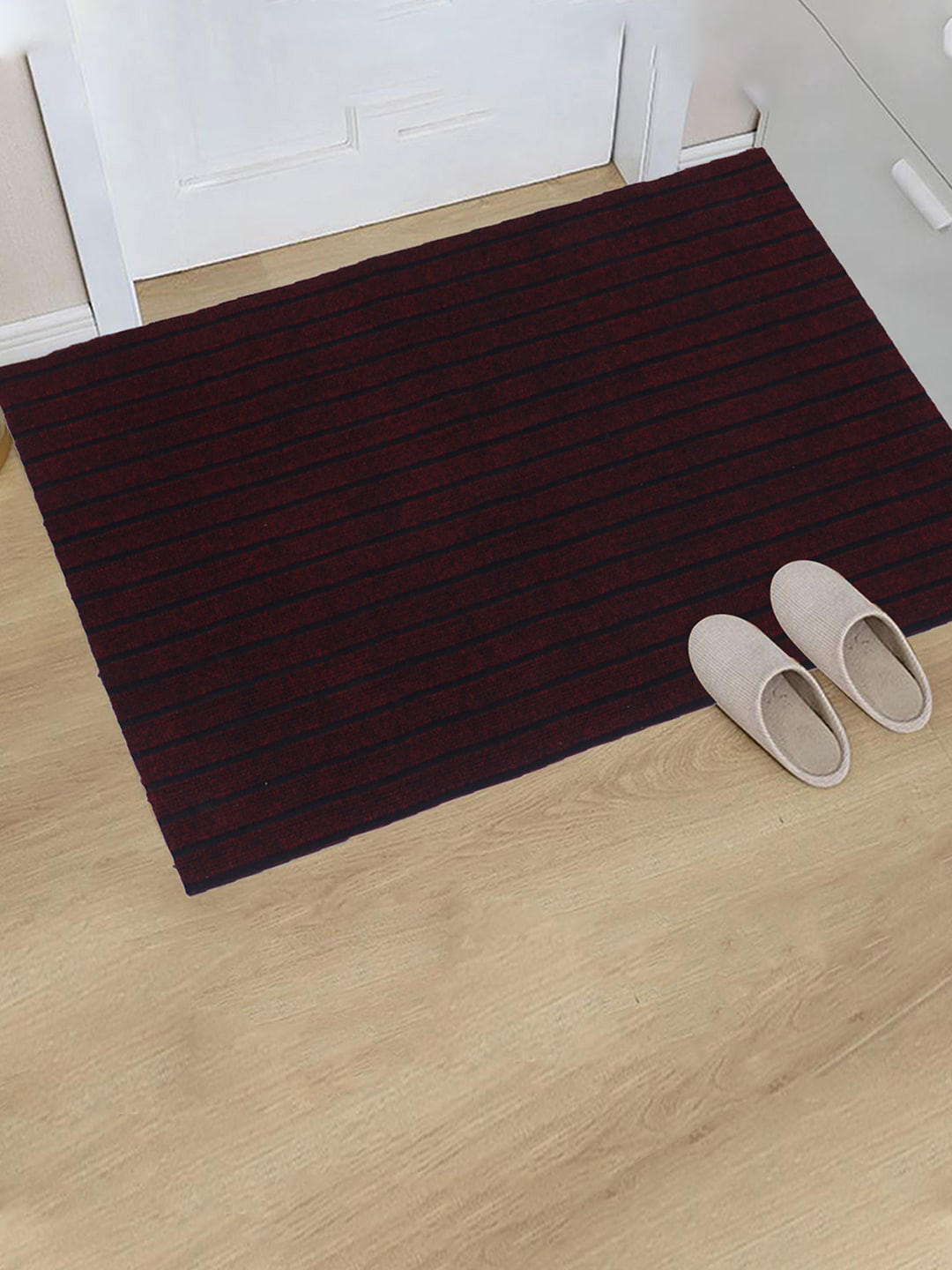 Kuber Industries Maroon & Black Set Of 3 Striped Microfiber Anti-Skid Doormats