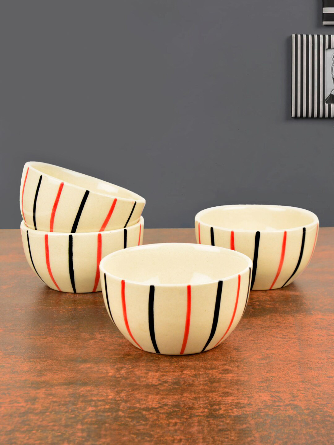 StyleMyWay Off White & Red Set of 4 Microwave Safe Ceramic Glossy Bowls 350 ml Each