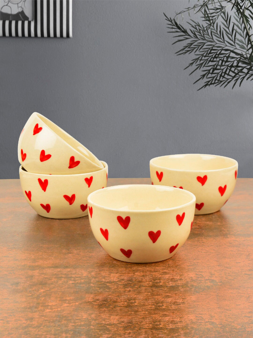 StyleMyWay Off White & Red Set of 4 Microwave Safe Ceramic Glossy Bowls 350 ml Each