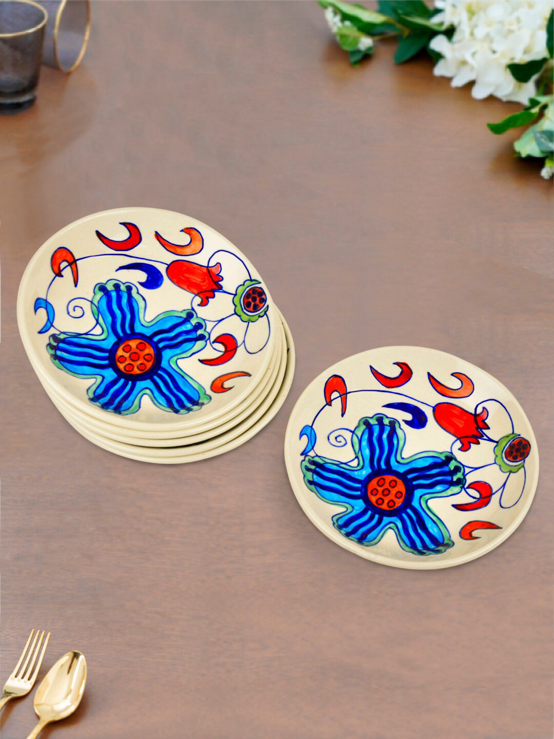 StyleMyWay Off White & Blue Set of 6 Floral Printed Microwave Safe Ceramic Glossy Plates