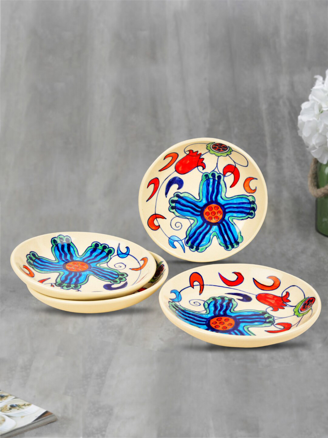 StyleMyWay Off White & Blue Set of 4 Floral Printed Microwave Safe Ceramic Glossy Plates