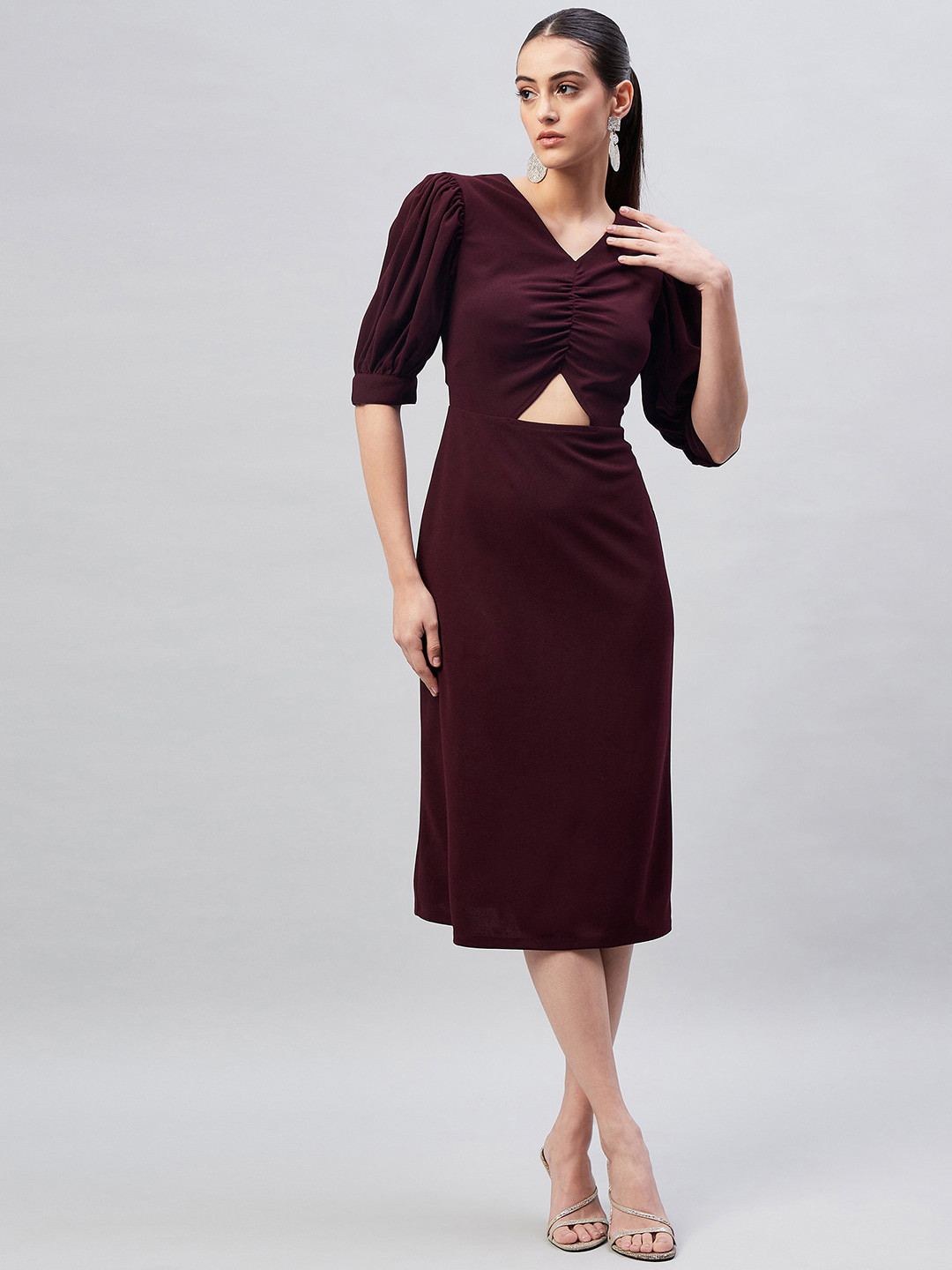 Marie Claire Cut-out  Puff Sleeve Sheath Midi Dress