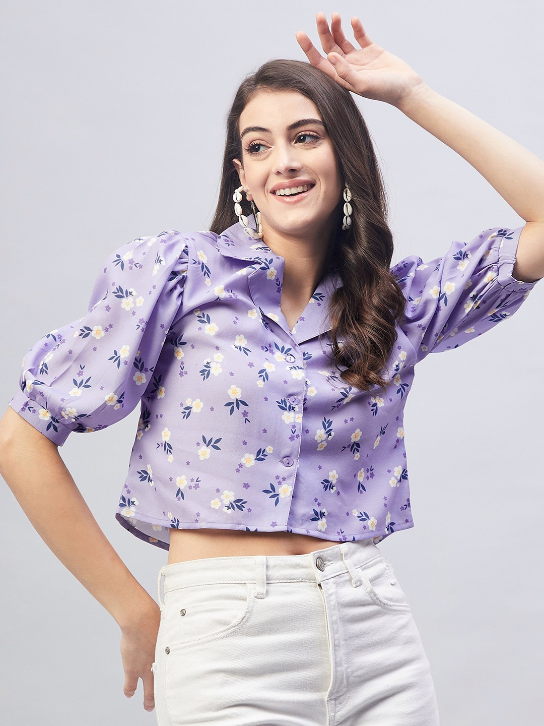 Marie Claire Floral Print Shirt Style Crop Top