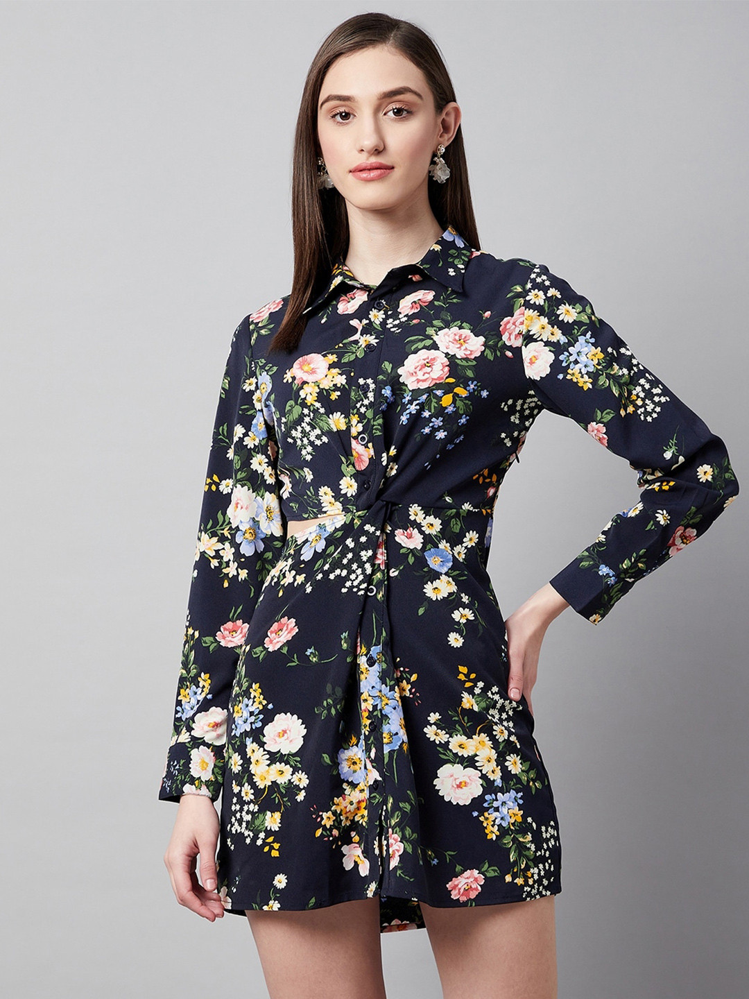 Marie Claire Floral Printed Crepe Shirt Mini Dress