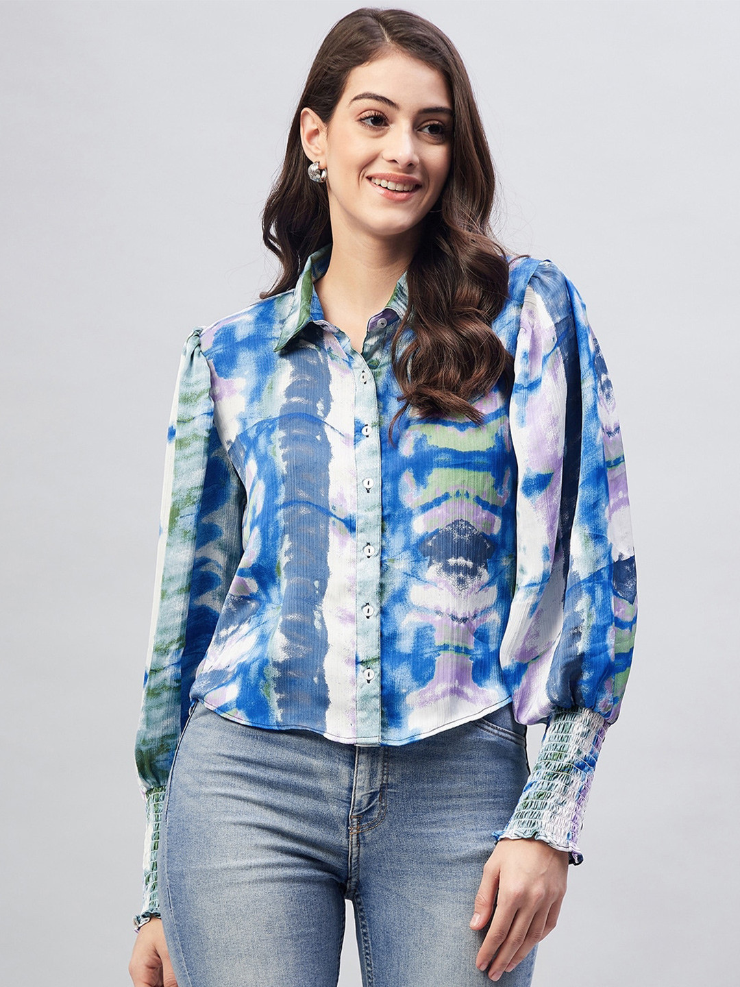 Marie Claire Blue Print Shirt Style Top