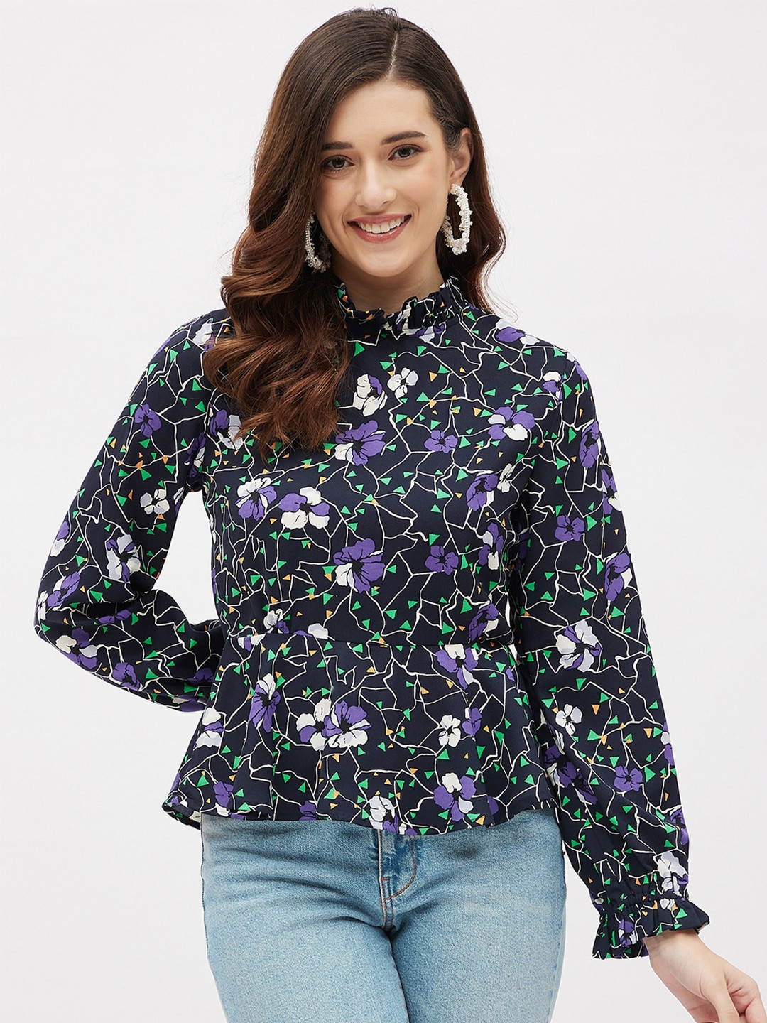 Kibo Floral Print Cinched Waist High Neck Top