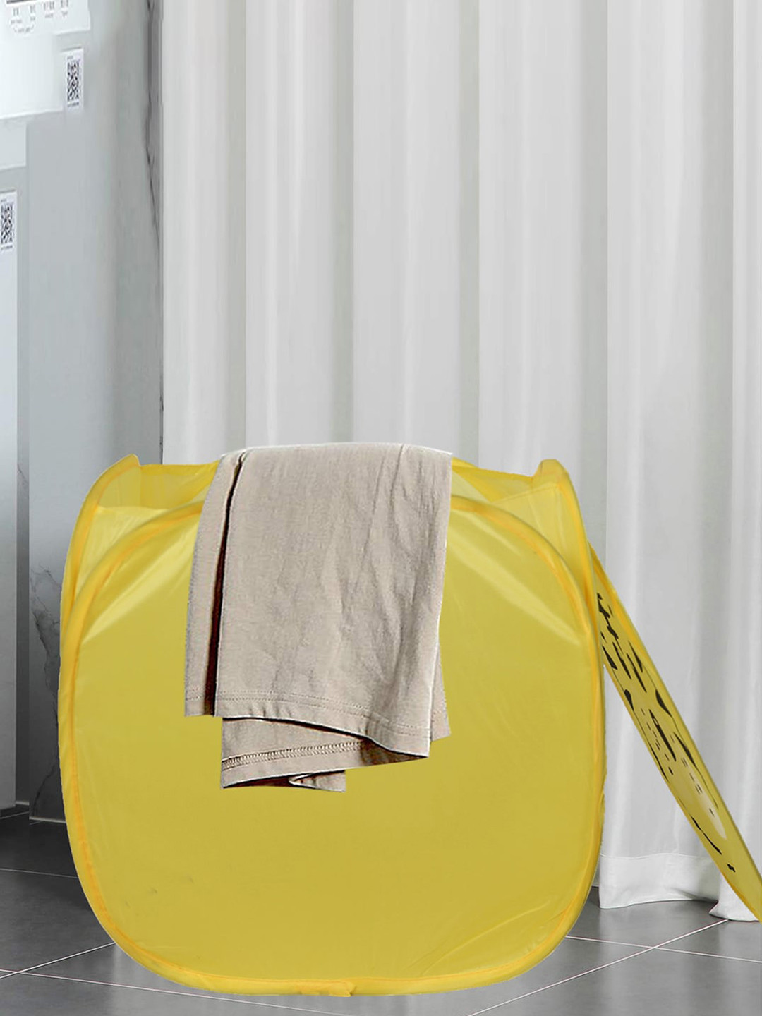 Kuber Industries Yellow Printed Foldable Laundry Basket With Lid