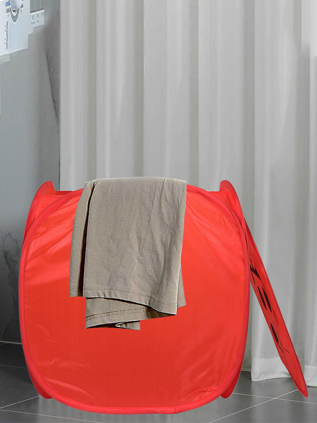 Kuber Industries Red Printed Foldable Laundry Basket With Lid