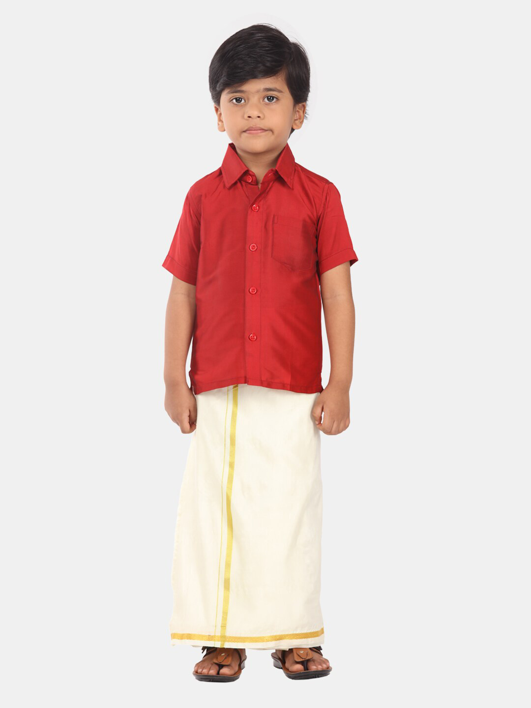 Sethukrishna Boys Red & Off White Shirt & Veshti Set