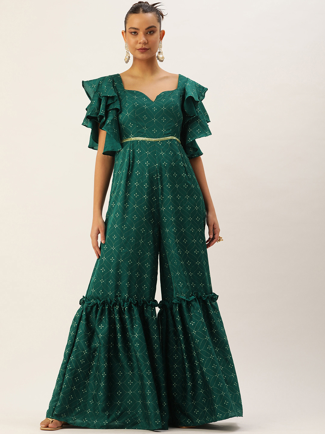 Ethnovog Foil Printed Sweetheart Neck Culotte Jumpsuit With Ruffles