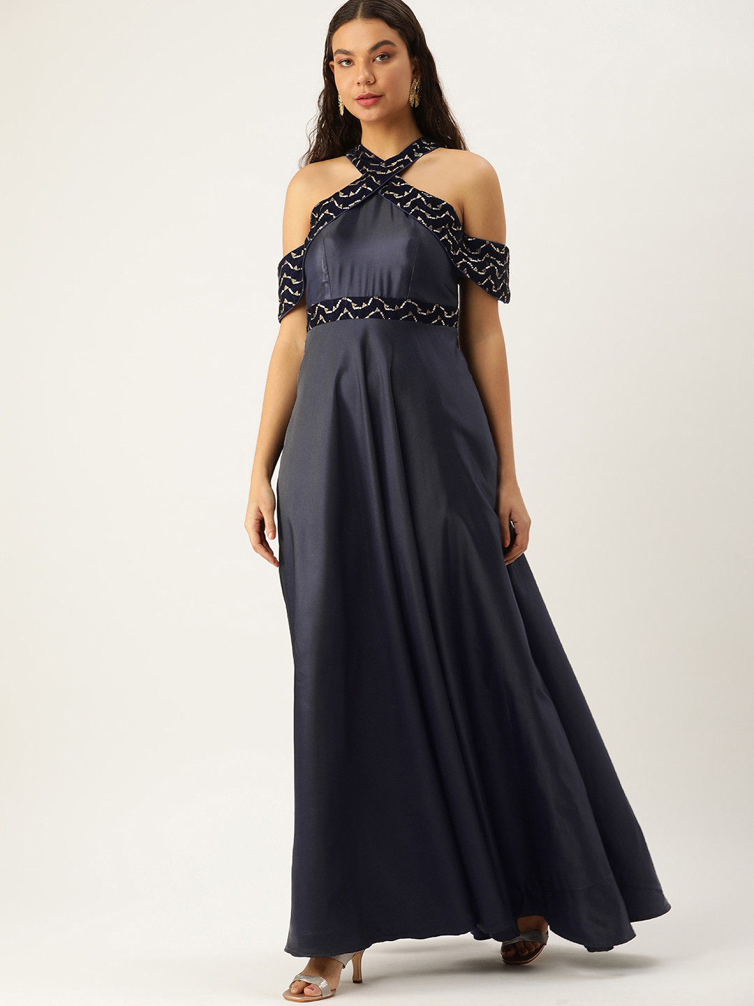 Ethnovog Halter Neck Cold-Shoulder Sleeves Embroidered Sequinned A-Line Maxi Dress
