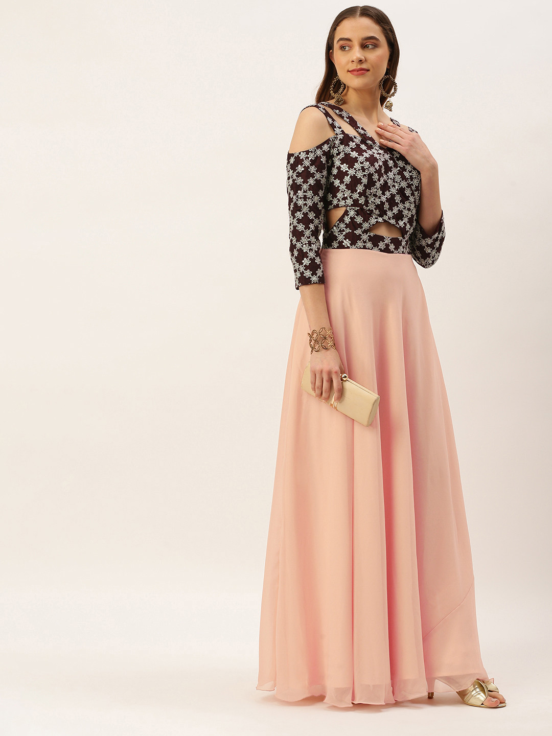 Ethnovog Purple & Peach-Coloured Embroidered Halter Neck Maxi Dress