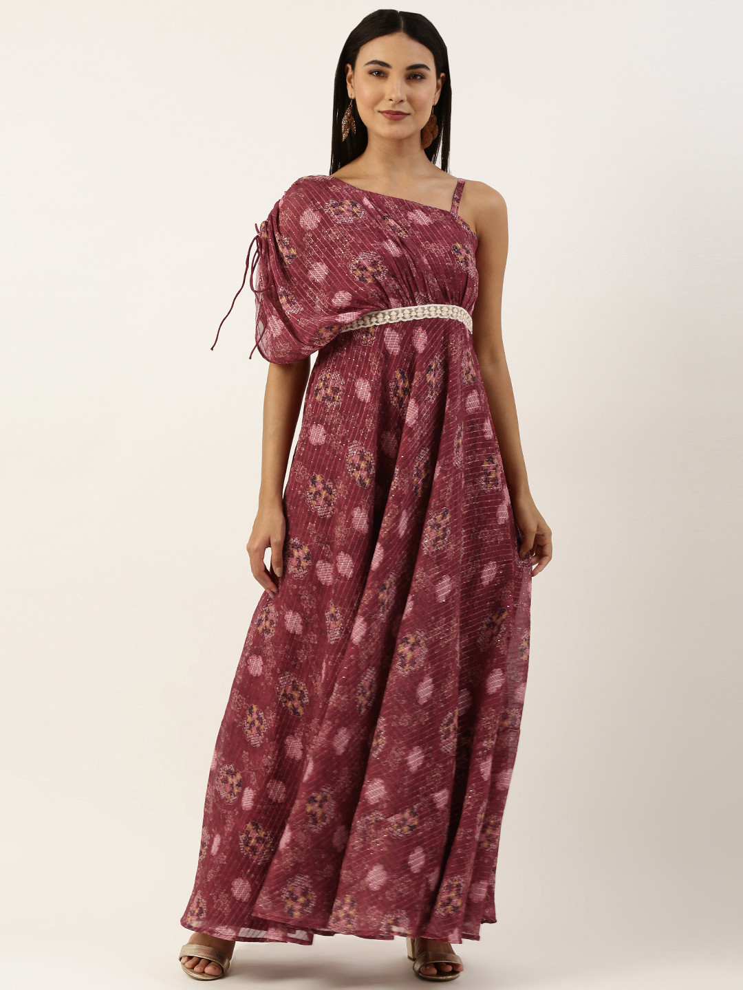 Ethnovog Floral One Shoulder Georgette Maxi Ethnic Dress