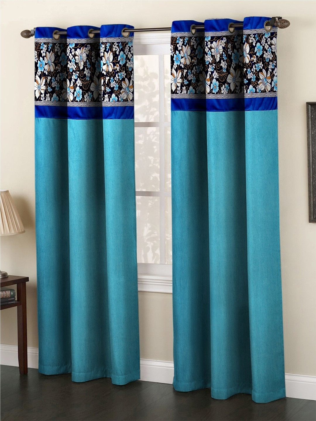 Homefab India Turquoise Blue & Beige Set of 2 Floral Long Door Curtains - 9 Feet