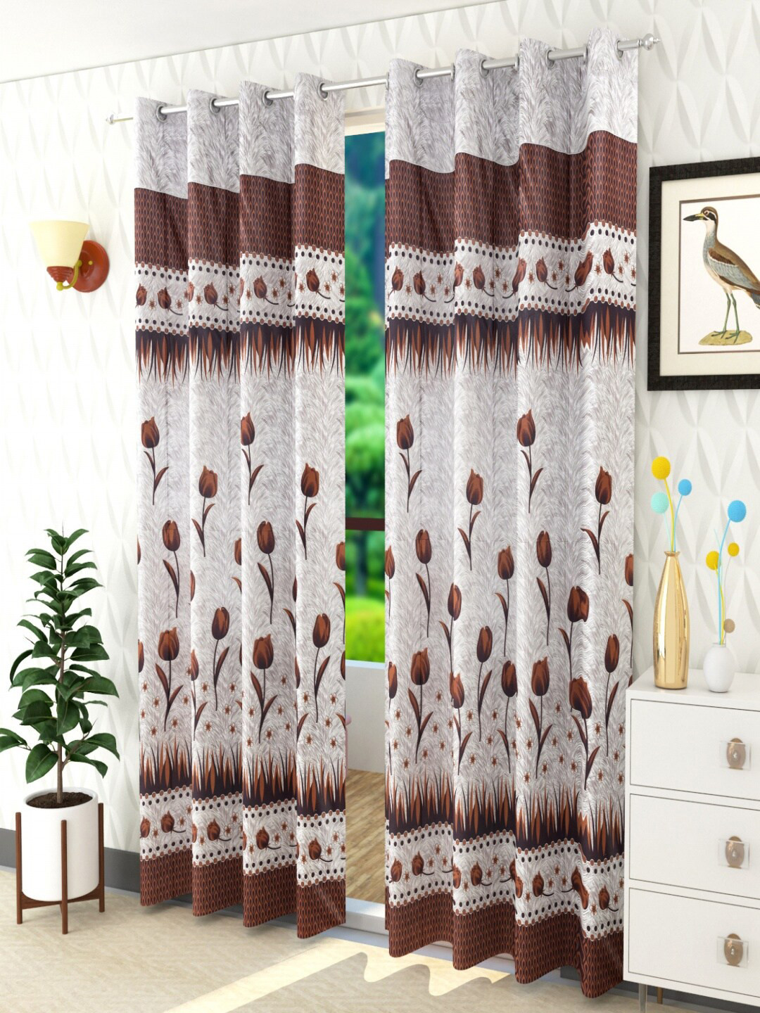 Homefab India Panelrose Brown & White Set of 2 Floral Door Curtain