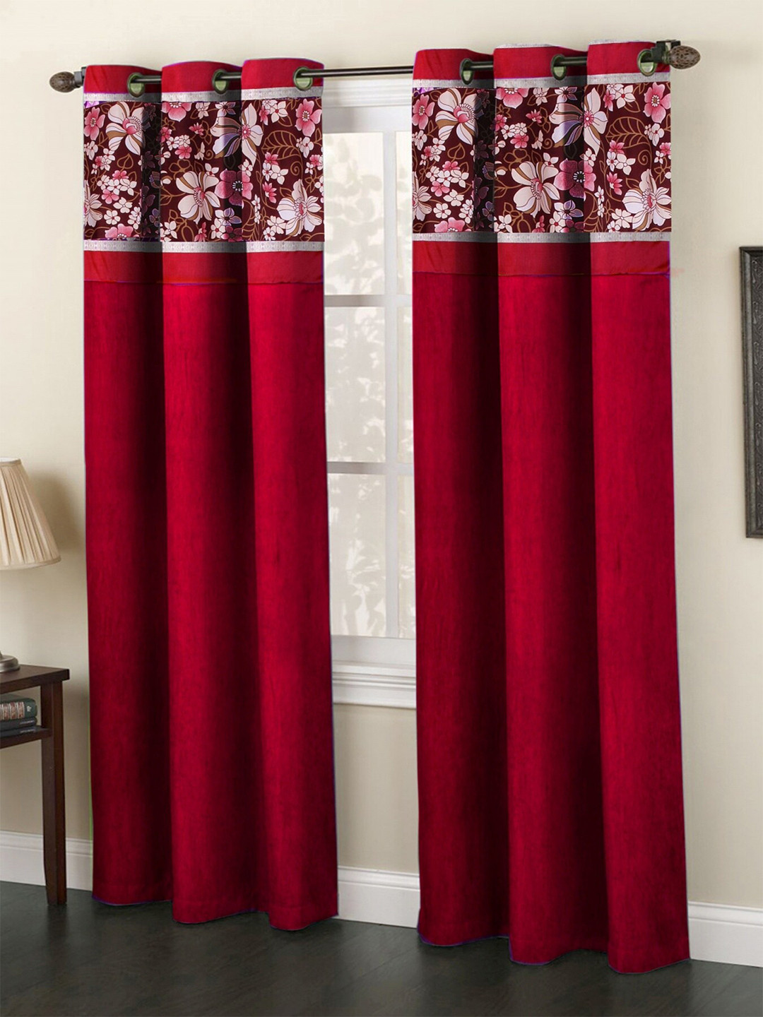 Homefab India Fusion Maroon & Brown Set of 2 Floral Window Curtain
