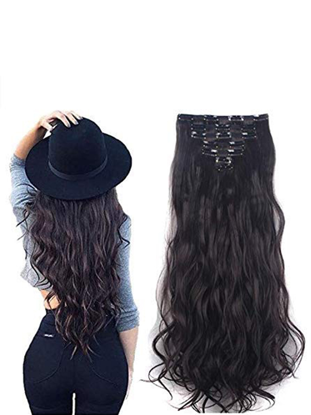 CHANDERKASH Set of 6 Curly Full Head Clip Nylon & Synthetic Hair Extensions - Black