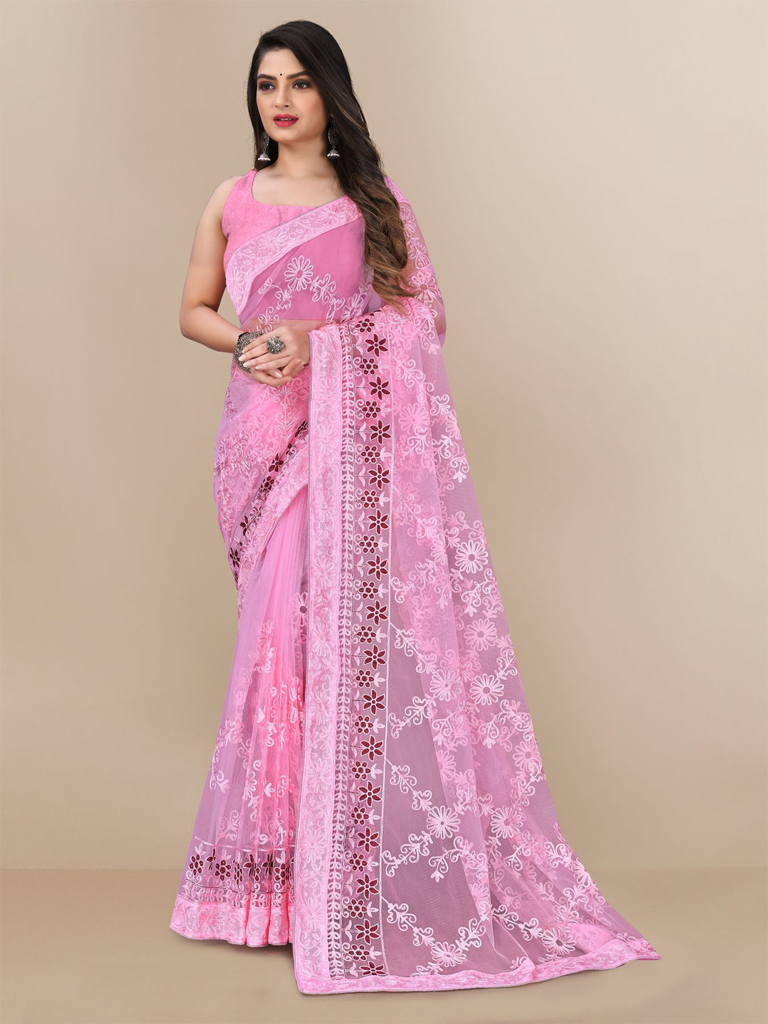 VAIRAGEE Floral Embroidered Net Saree