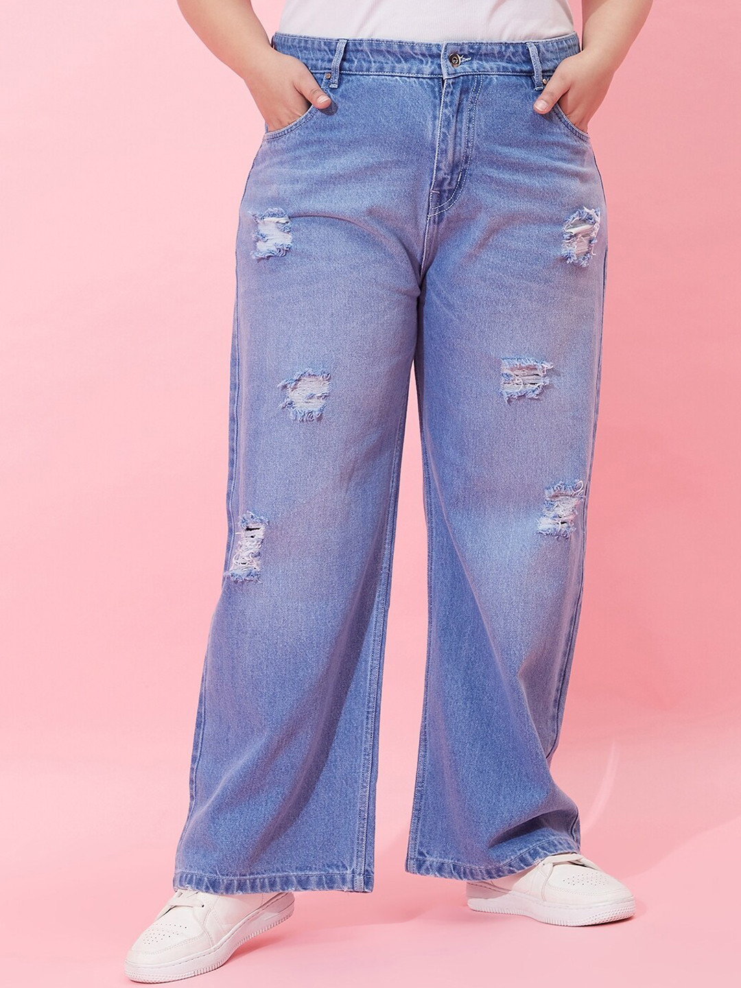 CURVY STREET Women Flared High-Rise Highly Distressed Light Fade Pure Cotton Jeans