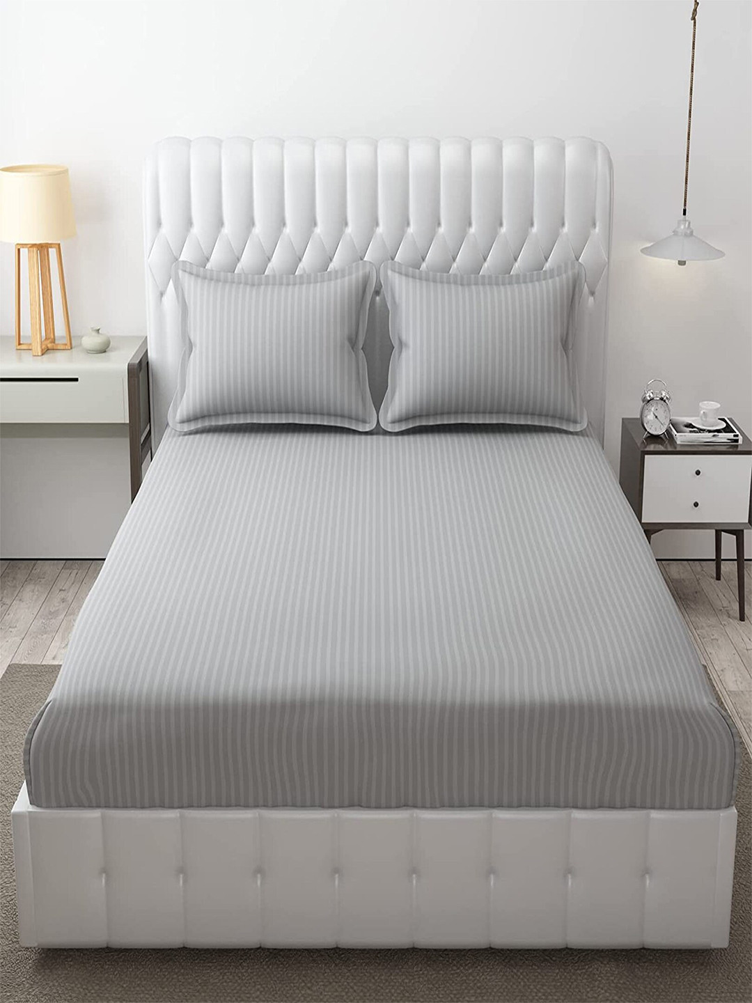 Hammer Home Grey Striped Polycotton Skin-Friendly 200 TC Fitted King Fine Bedsheet with 2 Pillow Covers-72 x 78 inches