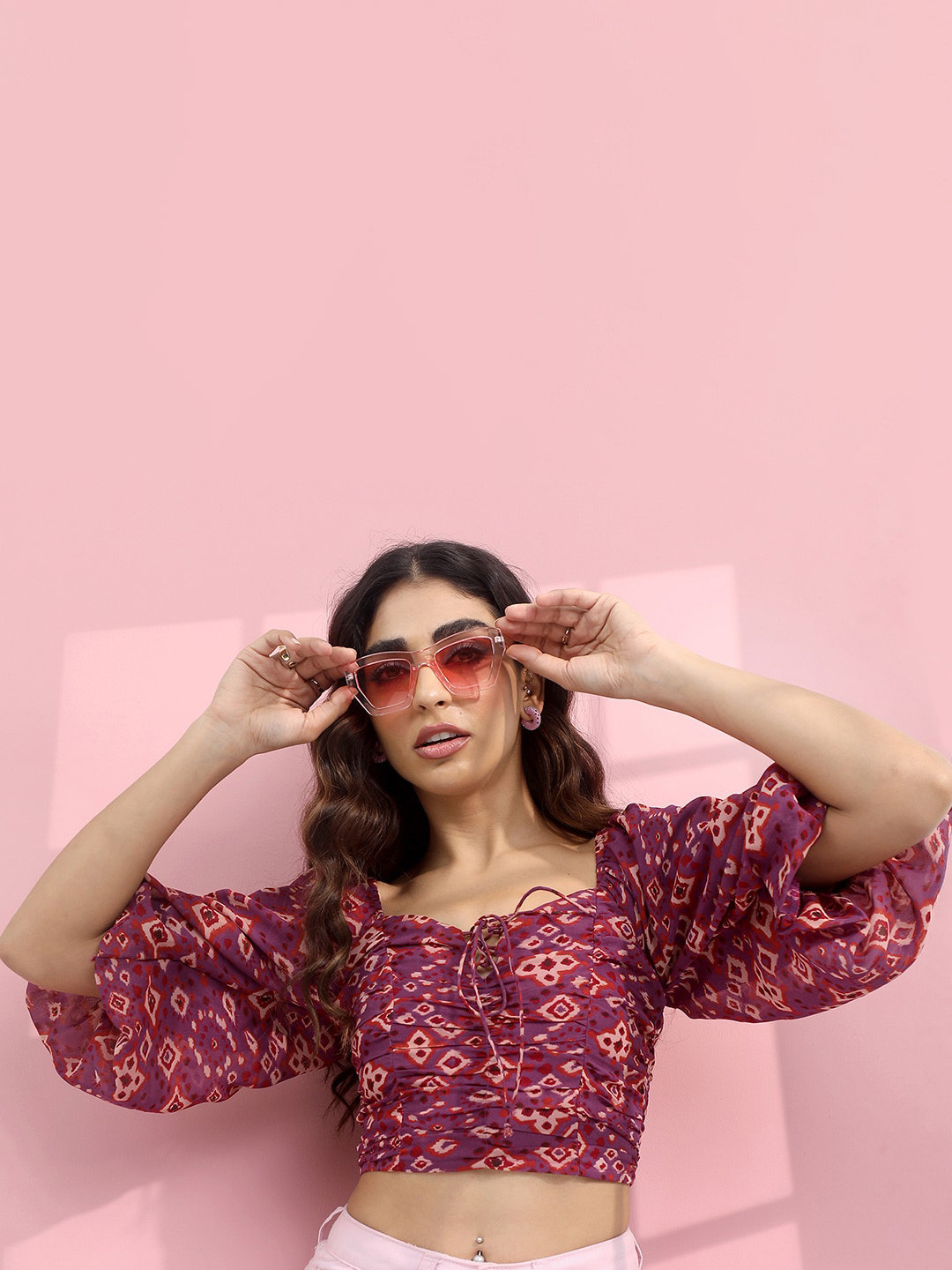 Tokyo Talkies Printed Sweetheart Neck Blouson Crop Top