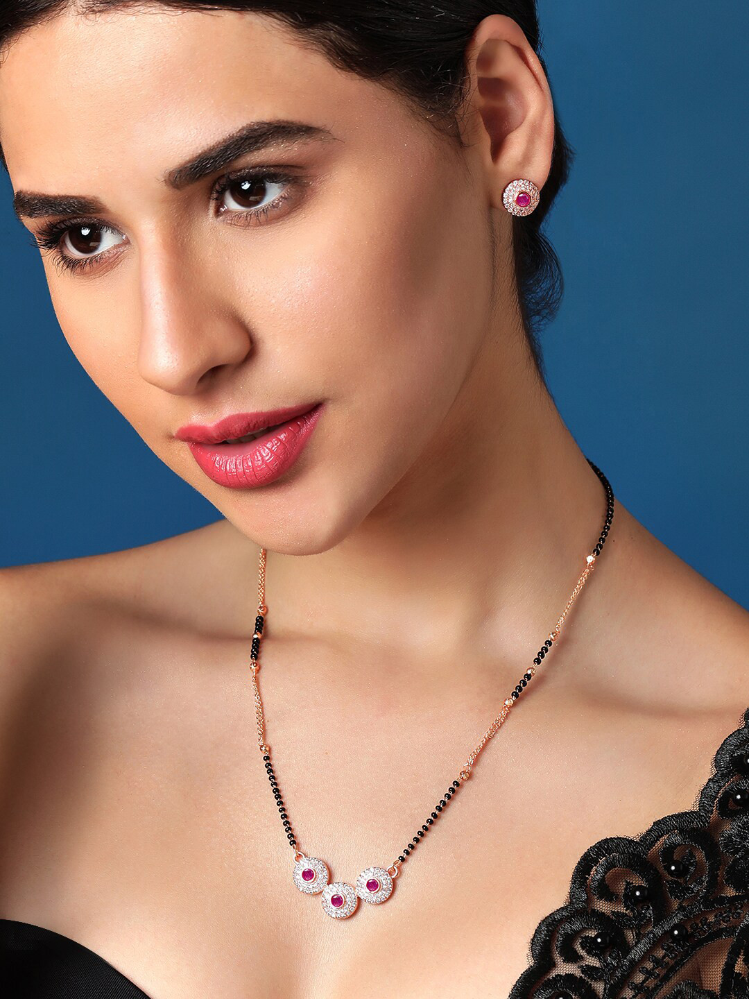 Rubans 24K Gold-Plated AD-Studded & Beaded Mangalsutra With Earrings