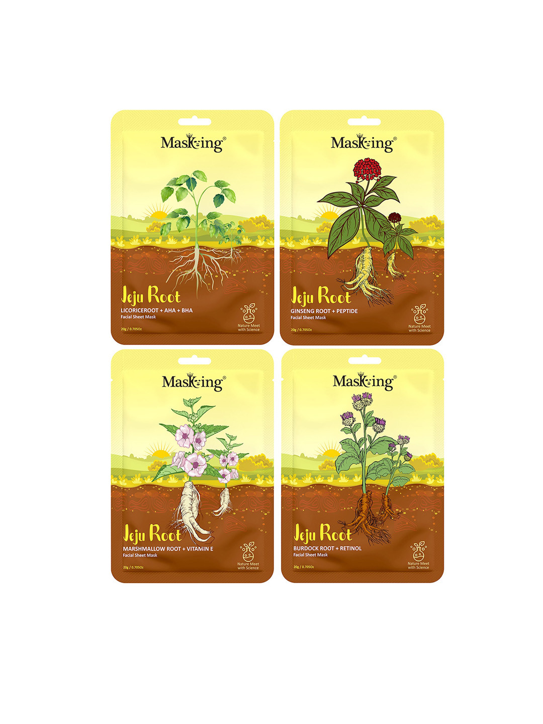 MasKing Set Of 4 Jeju Root Facial Sheet Masks - 20 gm Each
