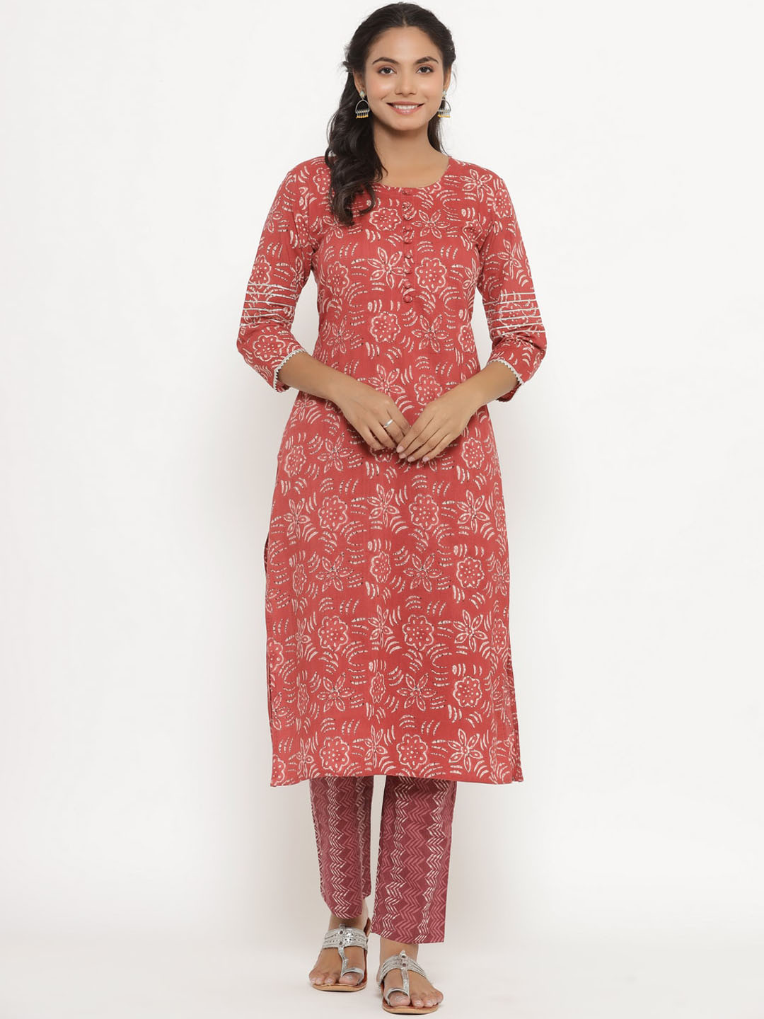 CRAFIQA Women Rust Floral Printed Pure Cotton Kurta with Trousers