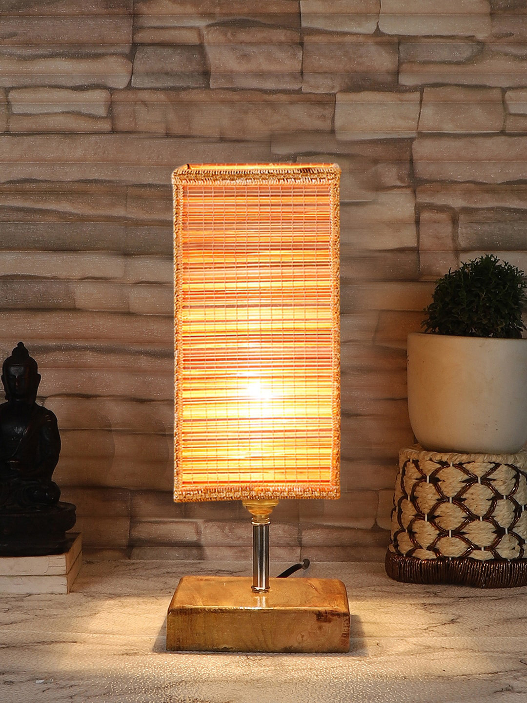 Devansh Beige & Brown Bamboo Square Table Lamp With Wood Base