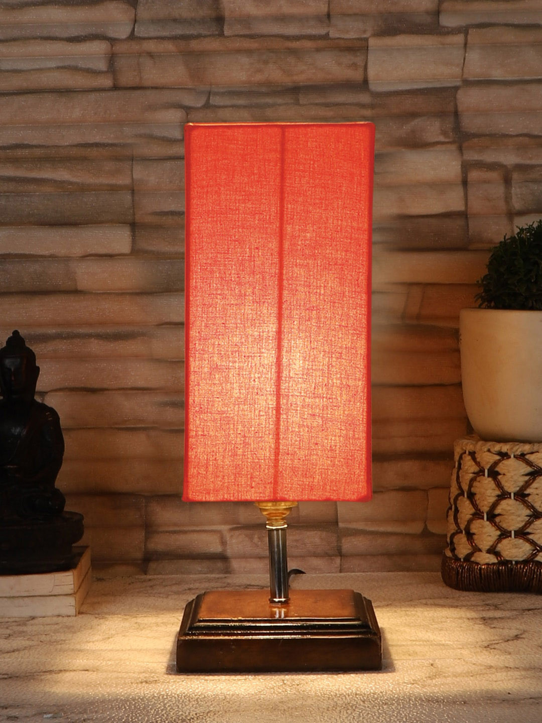 Devansh Orange Coloured & Brown Cotton Table Lamp With Square Wood Base