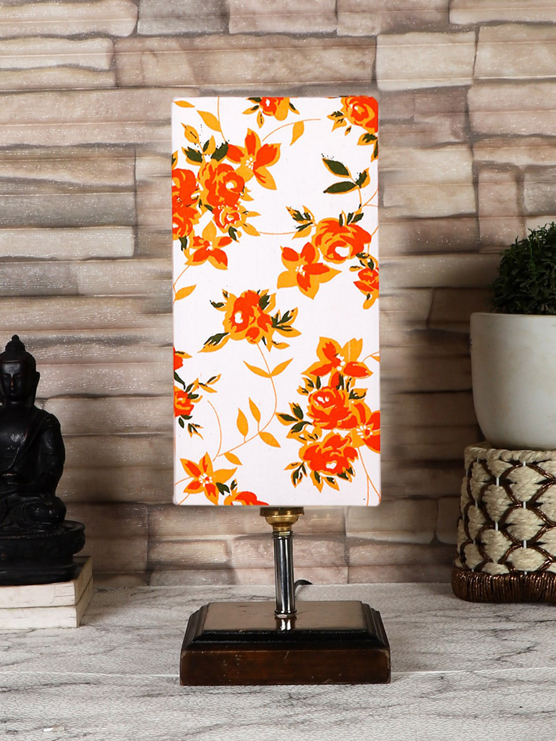 Devansh White & Brown Printed Cotton Square Table Lamp With Wood Base
