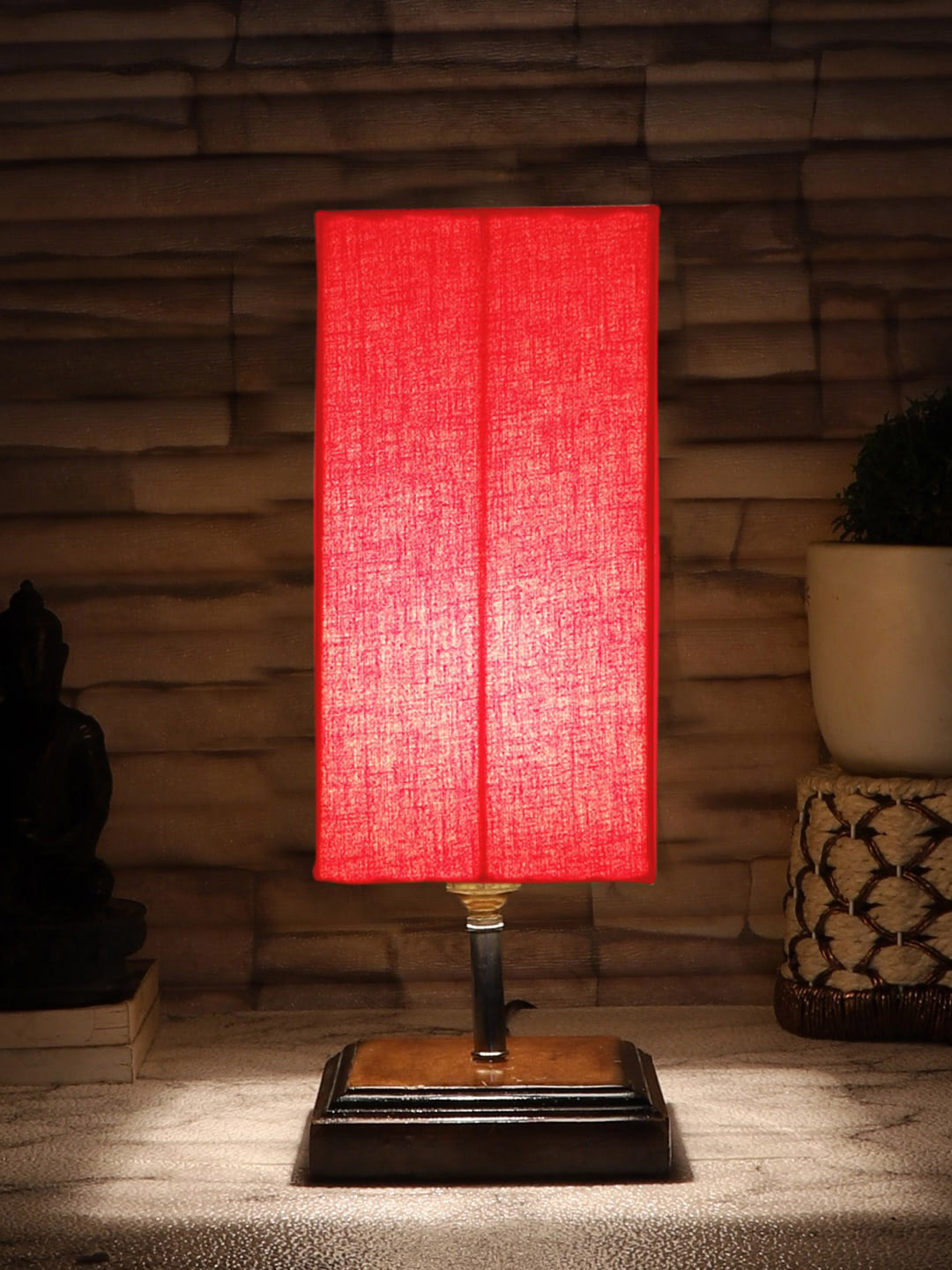 Devansh Red & Brown Cotton Square Table Lamp With Wood Base