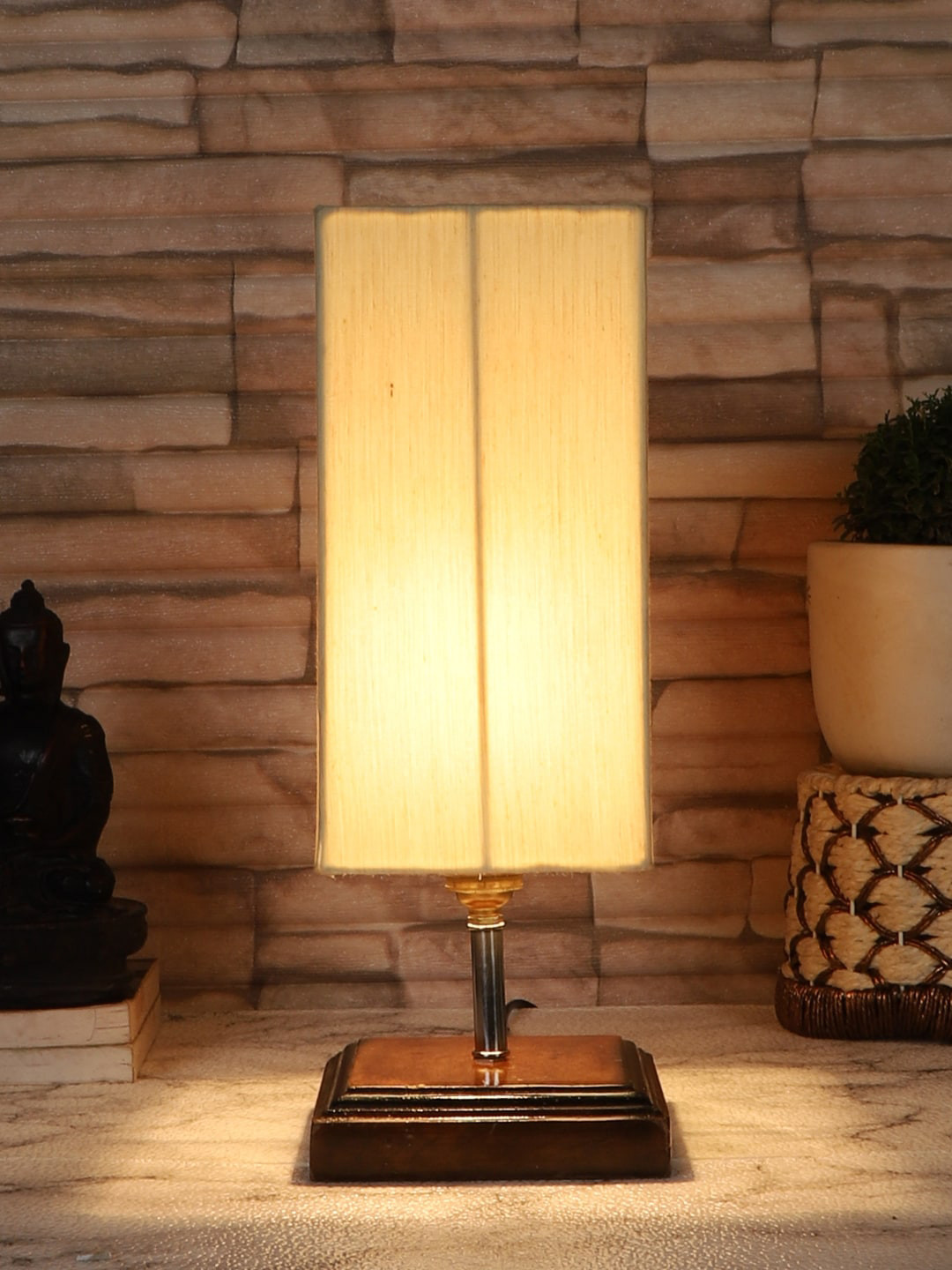 Devansh Off White & Brown Cotton Square Table Lamp With Wood Base